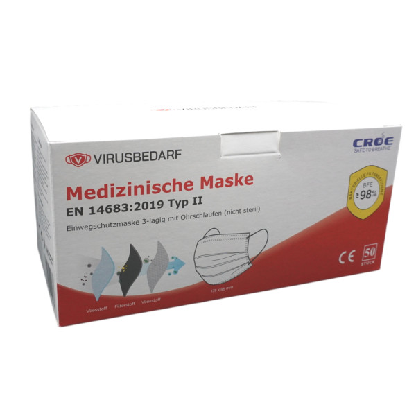OP-Maske Typ II medizinischer Mund-Nasenschutz-Einwegmaske 50er Pack 3-lagig mit TÜV-Süd Report