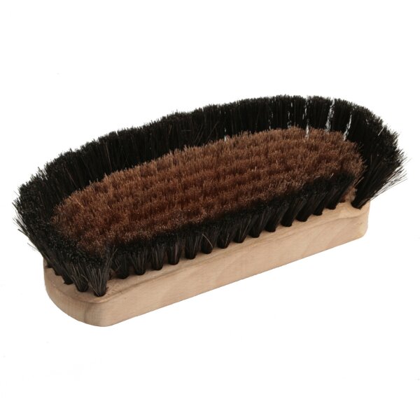 Pfannenschrubber mit Holzkörper, Stielloch und gewelltem Bronzedrahtbesatz mit Palmfaserbart - 75 x 215 mm