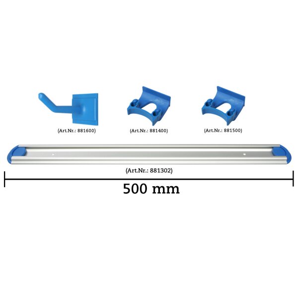 Wandschienen System 500 mm konfigurierbar - 1 Haken, 1 Halterung 22-30 mm, 1 Halterung 30-38 mm - blau