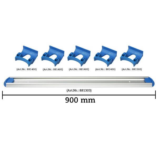 Wandschienen System 900 mm konfigurierbar - 4 Halterungen 22-30 mm, 1 Halterungen 30-38 mm - blau