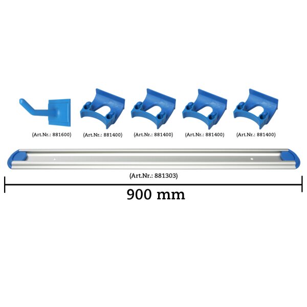 Wandschienen System 900 mm konfigurierbar - 1 Haken, 4 Halterungen 22-30 mm - blau