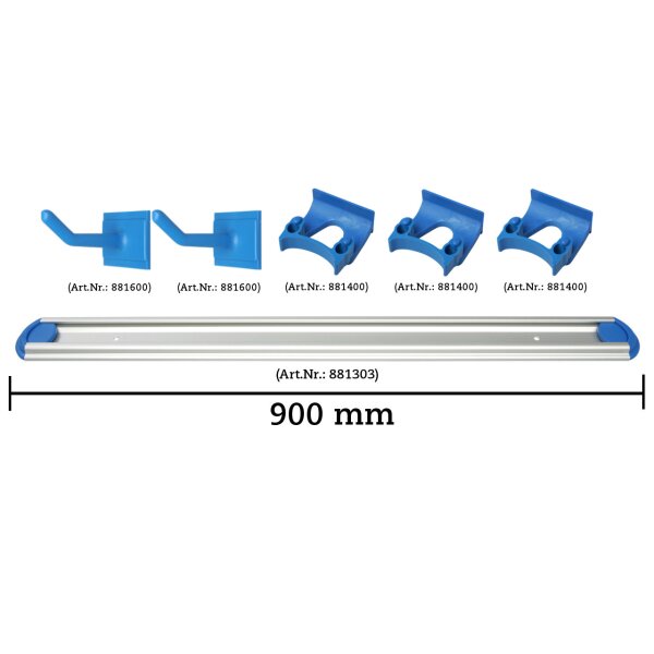 Wandschienen System 900 mm konfigurierbar - 2 Haken, 3 Halterungen 22-30 mm - blau