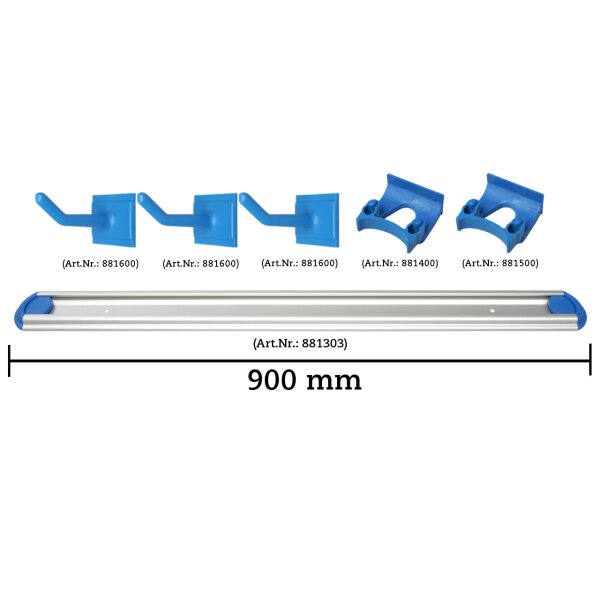 Wandschienen System 900 mm konfigurierbar - 3 Haken, 1 Halterungen 22-30 mm, 1 Halterungen 30-38 mm - blau