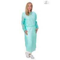 Vlies-Infektionsschutzkittel premium plus mit Gummibund EN 14126 - 100 Stück Karton grün