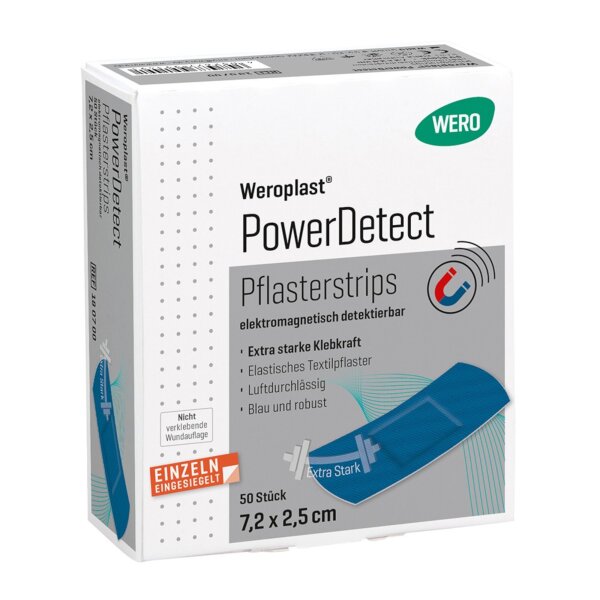 Weroplast PowerDetect Pflasterstrips aus Textil detektierbar - 50 Stück 7,2 x 2,5 cm