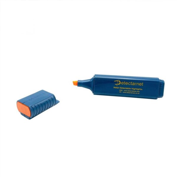 Textmarker detektierbar flach mit Meißelspitze (5er Pack) - Schriftfarbe orange - Körperfarbe blau